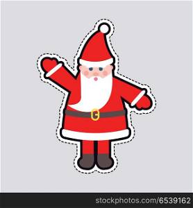 Santa Claus in Red Clothes with Raised Hand Toy. Illustration of isolated Santa Claus toy with raised hand patch. Cut out of paper. Man in red xmas hat and with white beard. Brown belt on waist. Simple cartoon style. Flat design. Front view. Vector