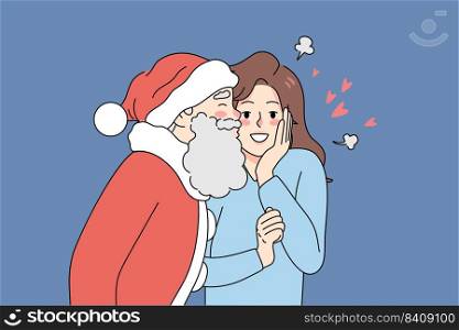 Santa Claus in red costume kissing excited young woman in cheek. New Year and Christmas celebration. Winter holidays. Flat vector illustration.. Santa Claus kiss young woman