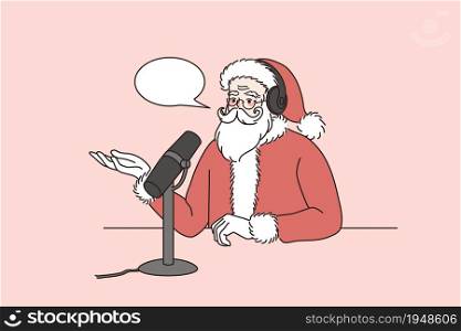 Santa Claus in red festive costume talk speak on radio on microphone with children audience. Father Christmas do online broadcast or live podcast with mic. New Year. Flat vector illustration.. Santa Claus talk on radio on microphone