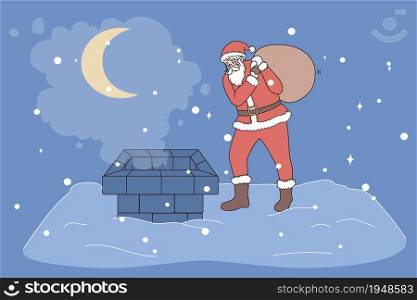 Santa Claus in red festive costume with bag of presents jump in chimney on house roof. Father Christmas congratulate with winter holidays with gifts. New Year celebration. Vector illustration.. Santa Claus with presents jump in house chimney
