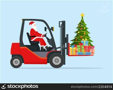 Santa Claus in Red Forklift Loaded with Christmas Tree. Christmas Presents Delivery and Shipping. Merry Christmas Holiday. New Year and Xmas. Vector illustration in flat style. Santa Claus in Red Forklift