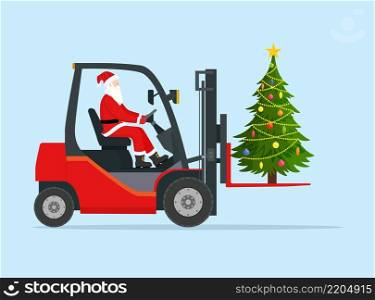 Santa Claus in Red Forklift Loaded with Christmas Tree. Christmas Presents Delivery and Shipping. Merry Christmas Holiday. New Year and Xmas. Vector illustration in flat style. Santa Claus in Red Forklift