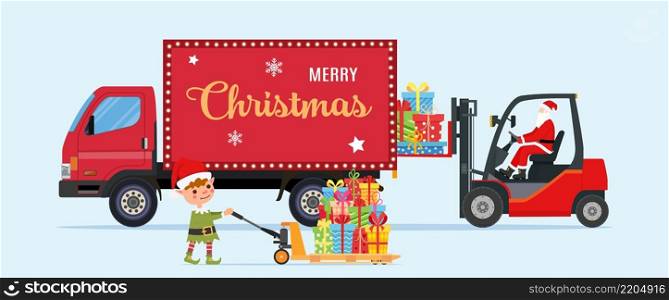 Santa Claus in Red Forklift Loaded with Pile of Gift Boxes and Truck. Christmas Presents Delivery and Shipping. Pallet jack full of gift boxes. New Year and Xmas. Vector illustration in flat style. Santa Claus in Red Forklift Loaded