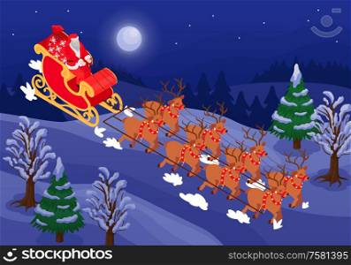 Santa claus in sleigh led by reindeer isometric classic father christmas new year composition card vector illustration