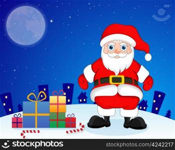 Santa Claus in the city in blue and white background with presents, candy canes, stars and moon, vector illustration