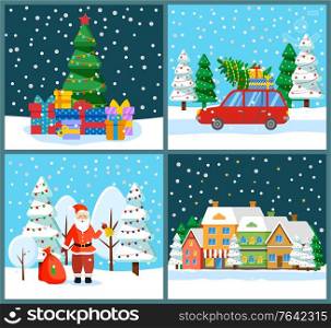 Santa Claus in winter landscape with presents in bag vector. Pine tree with decorations and gifts. Car loaded with spruce and boxes. Street in town with homes in row. Snowing wintry nights set vector. Winter Holidays Characters and Landscapes Set
