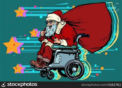 Santa Claus is an active wheelchair user disabled. Christmas and New year. Pop art retro vector illustration kitsch vintage 50s 60s. Santa Claus is an active wheelchair user disabled. Christmas and New year