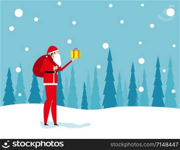Santa Claus is coming with bag. Concept holiday and christmas vector illustration. Character flat.
