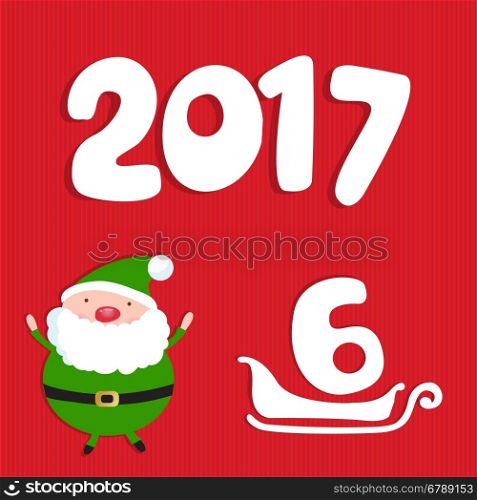 Santa Claus is driven by the sleigh number seven. Illustration for design Christmas cards, banners, website. 2017 Happy new year card