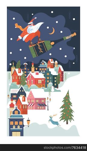 Santa Claus is flying over a small snow-covered city on a bottle of champagne. Vector festive Christmas card.. Christmas card. Santa Claus with champagne over a small snow-covered city.