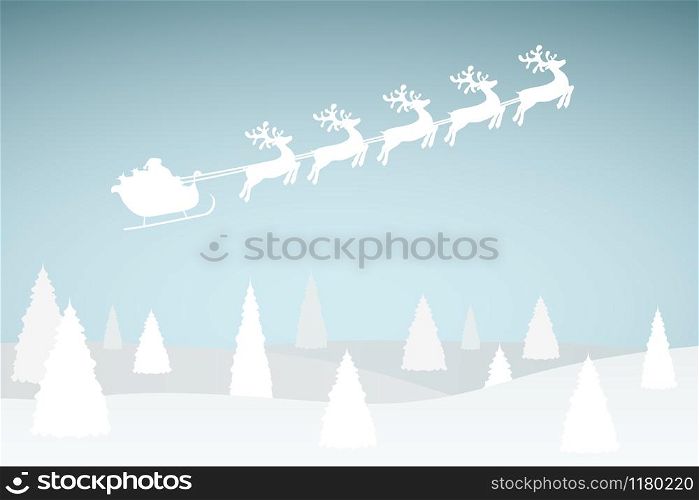 Santa Claus is flying with a reindeer team in the forest with Christmas trees and a snowman.. Santa Claus is flying with a reindeer team in the forest with Christmas trees