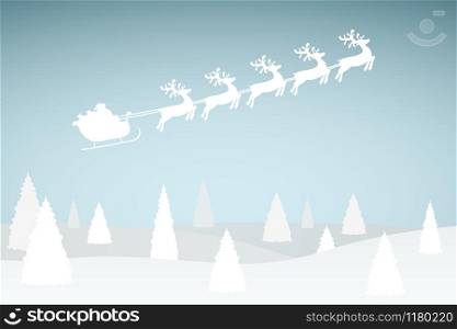 Santa Claus is flying with a reindeer team in the forest with Christmas trees and a snowman.. Santa Claus is flying with a reindeer team in the forest with Christmas trees