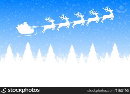 Santa Claus is flying with a reindeer team in the forest with Christmas trees. Santa Claus is flying with a reindeer team in the forest with trees