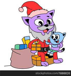 santa claus is holding a child and distributing gifts. cartoon illustration sticker mascot emoticon