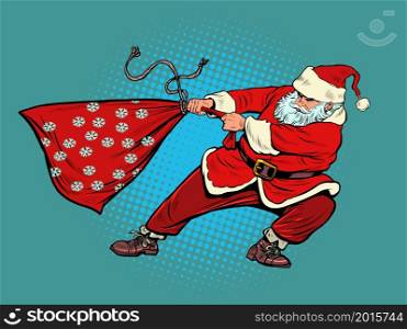 Santa Claus is pulling a heavy bag, a lot of gifts. Christmas and New Year winter holidays. Pop Art Retro Vector Illustration 50s 60s Kitsch Vintage Style. Santa Claus is pulling a heavy bag, a lot of gifts. Christmas and New Year winter holidays