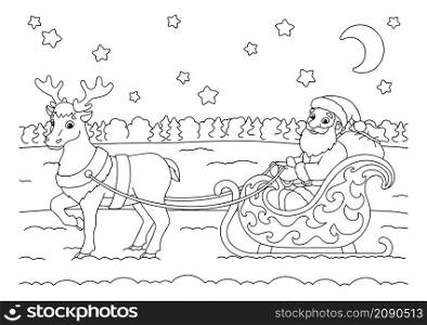 Santa Claus is sitting on a Christmas sleigh. The deer is carrying gifts for children. Coloring book page for kids. Cartoon style character. Vector illustration isolated on white background.