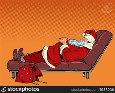 Santa Claus is sleeping on the couch. Christmas night. Rest after the holidays. Pop Art Retro Vector Illustration Kitsch Vintage 50s 60s Style. Santa Claus is sleeping on the couch. Christmas night. Rest after the holidays