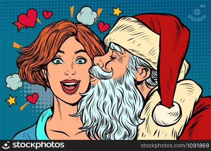 Santa Claus kisses a woman. Christmas and New year. Pop art retro vector illustration kitsch vintage drawing. Santa Claus kisses a woman, Christmas and New year