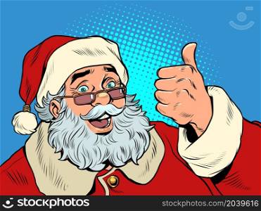 Santa Claus like gesture. Christmas and New Year, winter seasonal holiday in December. Pop art Retro vector Illustration 50s 60s Vintage kitsch style. Santa Claus like gesture. Christmas and New Year, winter seasonal holiday in December