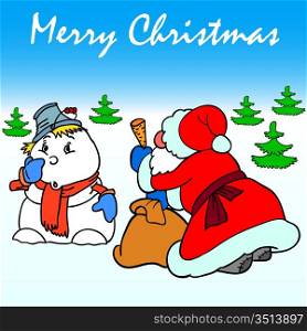 Santa Claus makes a carrot nose snowman