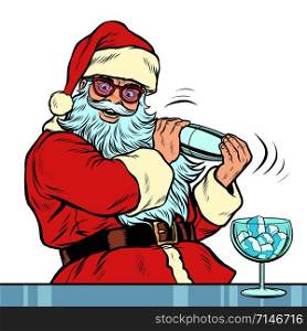 Santa Claus makes Christmas cocktail with ice for new year party. Santa Claus character merry Christmas and happy new year. Pop art retro vector illustration vintage kitsch drawing 50s 60s. Santa Claus makes cocktail merry Christmas and happy new year