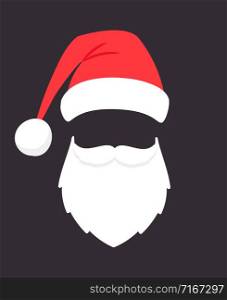Santa claus mask. Christmas santaclaus party fashion photo face with beard, mustache and hat, holiday sinterklaas head template isolated on black background. Santa claus mask. Christmas santaclaus party fashion photo face with beard, mustache and hat, holiday sinterklaas head template