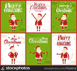 Santa Claus, Merry Christmas wintertime vector greeting cards. Saint Nicholas dancing, sitting on armchair, showing ok sign, stickers set, cartoon character on grunge. Santa Claus Stickers Set Cartoon Characters Grunge