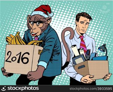 Santa Claus monkey 2016 new year and sad people pop art retro style. Santa Claus monkey 2016 new year and sad people