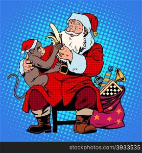 santa claus monkey symbol new year 2016 pop art retro style. Christmas character with the animal on his knees. Gives the monkey a banana. santa claus monkey symbol new year 2016