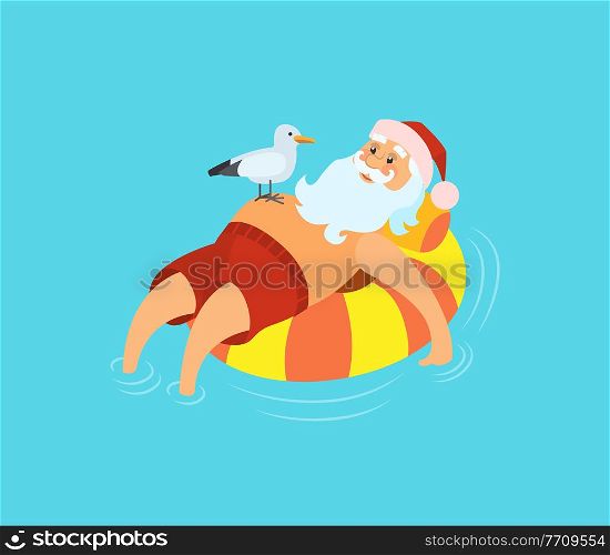 Santa Claus on life buoy, seagull sitting on him, vector cartoon character celebrating New Year in tropical country, vector bearded man in inflatable float. Santa Claus on Life Buoy, Seagull Sitting, Vector