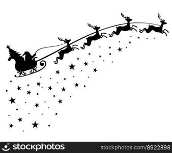 Santa claus on sleigh flying sky with deers black vector image