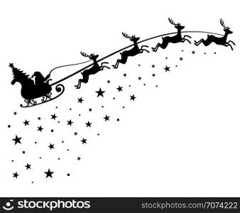 Santa Claus on sleigh flying sky with deers black vector silhouette for winter holiday decoration and Christmas greeting card. Monochrome santa claus with christmas tree in night sky illustration. Santa Claus on sleigh flying sky with deers black vector silhouette for winter holiday decoration and Christmas greeting card
