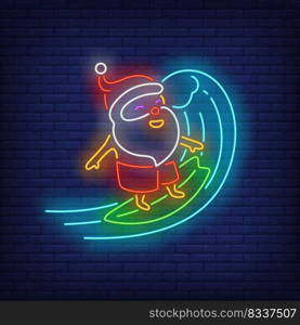 Santa Claus on surfboard neon sign. Glowing neon Santa, wave, board. New year, Christmas, winter. Vector illustration in neon style for greeting card, invitation, announcement