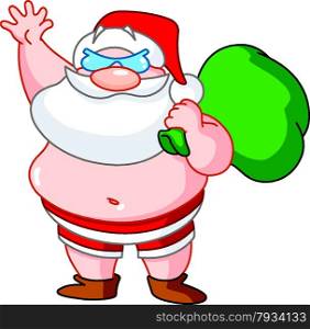 Santa Claus on the beach wearing swimsuit and carrying sack of presents