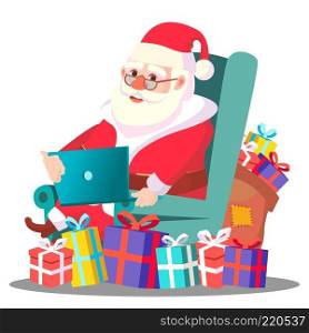 Santa Claus On The Chair With Laptop Vector. Isolated Illustration. Santa Claus On The Chair With Laptop Vector. Illustration