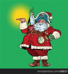 Santa Claus pirate and penguin presentation gesture. Pop art retro vector illustration. New year and Christmas. Santa Claus pirate and penguin presentation gesture