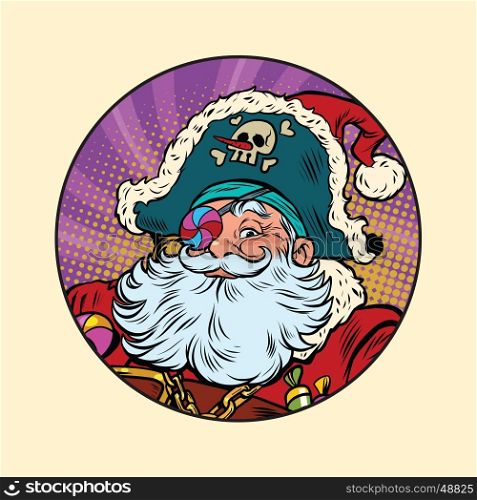 Santa Claus pirate. Pop art retro vector illustration. Candy eye patch. Santa Claus pirate