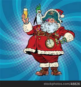 Santa Claus pirate wishes merry Christmas. Pop art retro vector illustration. Christmas character with a penguin on his shoulder. champagne toast. Santa Claus pirate wishes merry Christmas