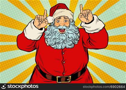 Santa Claus pointing finger up. Christmas and New year. Pop art retro vector illustration. Santa Claus pointing finger up