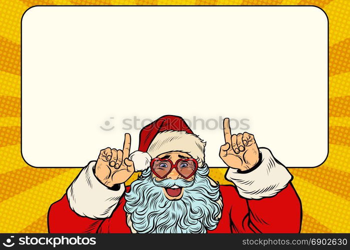 Santa Claus points to the white background. Pop art retro vector illustration. Santa Claus points to the white background