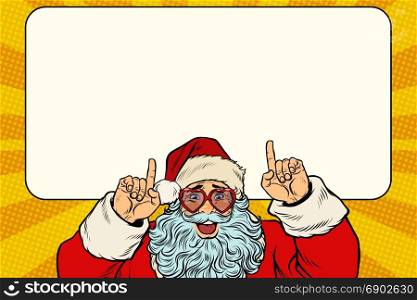 Santa Claus points to the white background. Pop art retro vector illustration. Santa Claus points to the white background