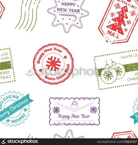 Santa Claus post and marks from mails of kids vector. Letters sent by children to winter character, pages with wishes and desires. Postcards with pine evergreen tree and snowflakes, snowfall seals. Santa Claus post and marks from mails of kids vector.