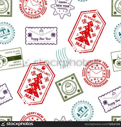 Santa Claus post and marks from mails of kids vector. Letters sent by children to winter character, pages with wishes and desires. Postcards with pine evergreen tree and snowflakes, snowfall seals. Santa Claus post and marks from mails of kids