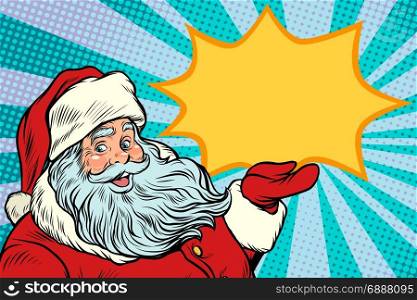 Santa Claus promotinal copy space. New year and Christmas. Pop art retro vector illustration. Santa Claus promotinal copy space