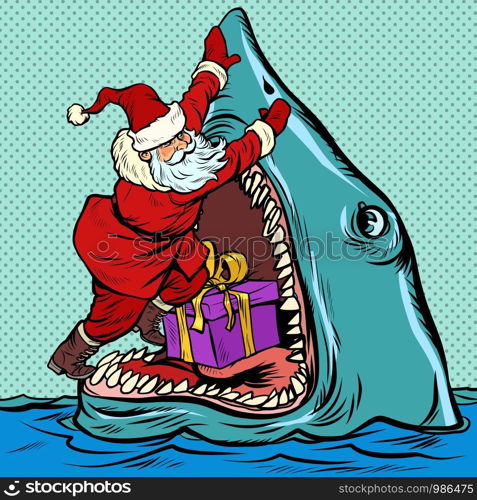 Santa Claus pushes Christmas gift into shark mouth. Pop art retro vector illustration kitsch vintage drawing. Santa Claus pushes Christmas gift into shark mouth