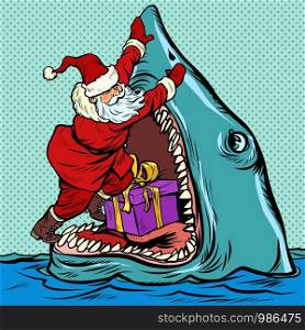Santa Claus pushes Christmas gift into shark mouth. Pop art retro vector illustration kitsch vintage drawing. Santa Claus pushes Christmas gift into shark mouth
