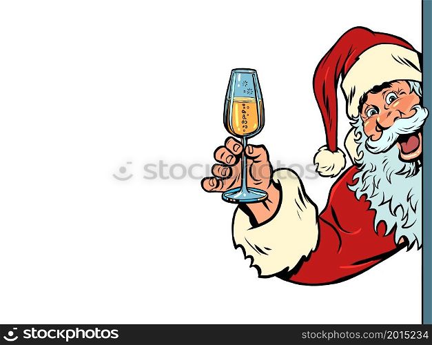 Santa Claus raises a glass of champagne. Christmas and New Year. Winter seasonal holiday. Comic cartoon hand drawing retro vintage. Santa Claus raises a glass of champagne. Christmas and New Year. Winter seasonal holiday