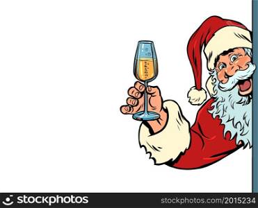 Santa Claus raises a glass of champagne. Christmas and New Year. Winter seasonal holiday. Comic cartoon hand drawing retro vintage. Santa Claus raises a glass of champagne. Christmas and New Year. Winter seasonal holiday