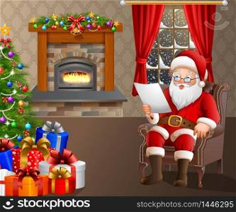 Santa Claus reading a list of gifts in the living room
