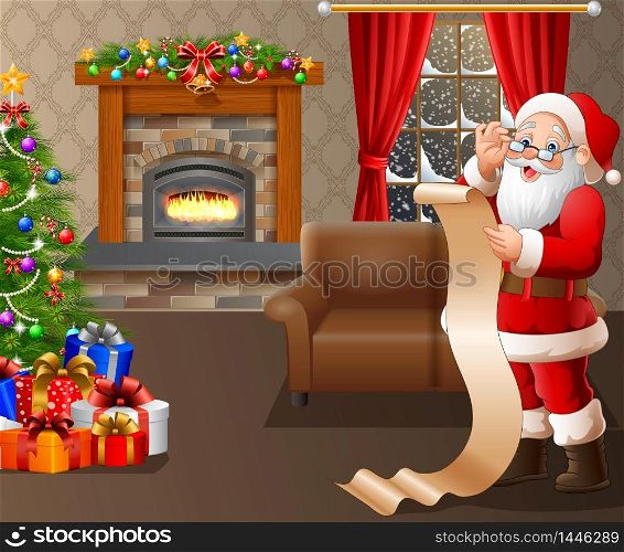 Santa Claus reading a long list of gifts in the living room
